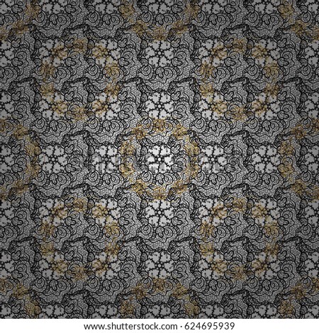 Damask golden floral pattern on a gray background with gray doodles. Ornate decoration. Vector illustration.
