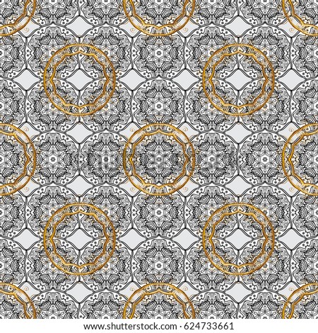 Pattern on gray background with golden elements. Vector golden mehndi seamless pattern. Ornamental floral elements with henna tattoo, golden stickers, mehndi and yoga design, cards and prints.