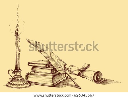 Stack of books, paper, scroll, quill pen and candle. Diploma, certificate, school, study, writing, literature, library design in vintage style