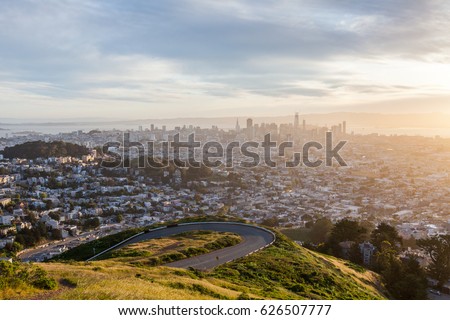 Overlook of city of San Francisco from twin peak in sun rise in 2017