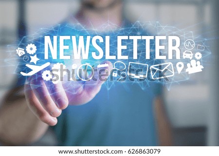 Concept view of man holding futuristic interface with newsletter title and multimedia icons flying all around - Internet concept