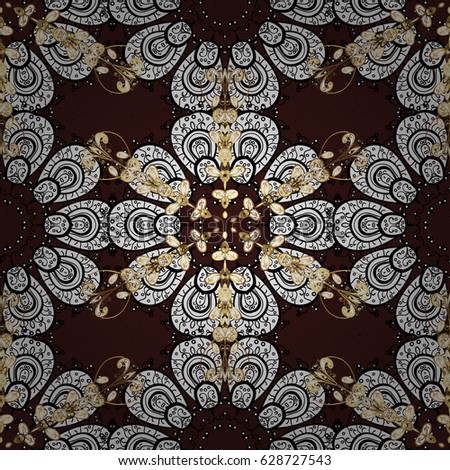Pattern on brown background with golden elements. Classic vintage background. Traditional orient ornament. Classic vector golden pattern.
