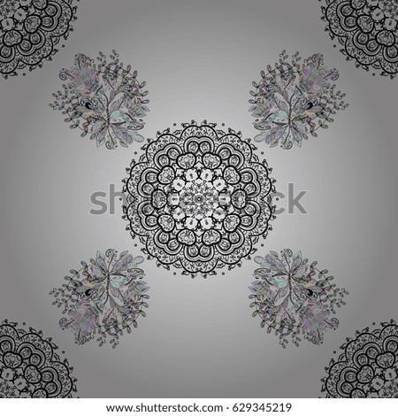 Dim on gray background. Decorative symmetry arabesque. Good for greeting card for birthday, invitation or banner. Seamless medieval floral royal pattern.