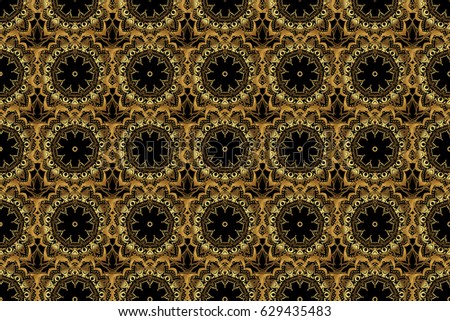 Luxury, royal and Victorian concept. Golden elements isolated on black background. Vintage baroque floral seamless pattern in gold over black. Ornate raster decoration.