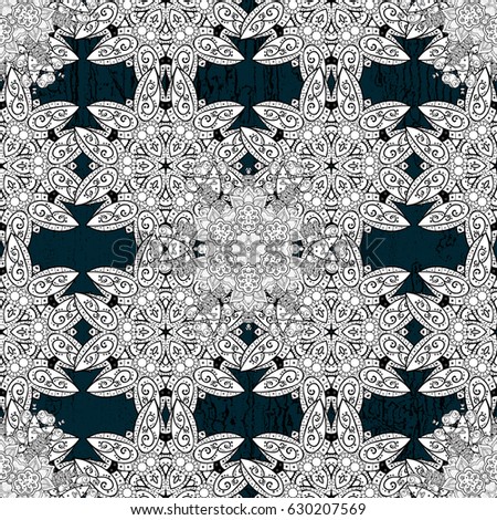 Seamless royal luxury white baroque damask vintage. Vector seamless pattern with white antique floral medieval decorative, leaves and white pattern ornaments on blue background.