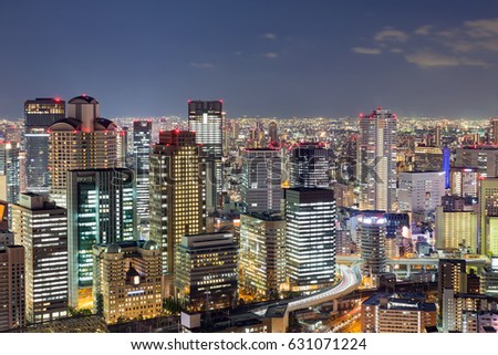 Osaka city night lights, Japan cityscape background