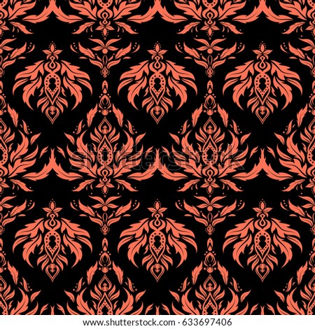 Seamless background. Elegant damask wallpaper. Vintage seamless pattern in orange colors.