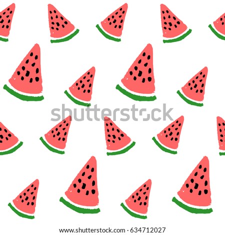 Seamless pattern with hand drawn watermelon in red and black on white background. Modern style