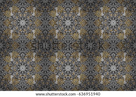 Seamless classic raster golden pattern. Floral ornament brocade textile pattern, glass, metal with floral pattern on gray background with golden elements.