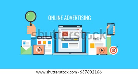Vector concept of online advertising, digital marketing, internet promotion with marketing elements isolated on blue background