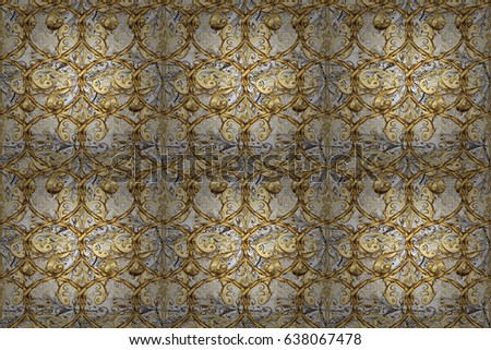 Golden pattern on gray background with golden elements. Golden color seamless illustration. Raster geometric background. For your design, wallpaper.