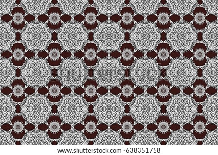 Ornamental floral elements with henna tattoo, whiteen stickers, mehndi and yoga design, cards and prints. Pattern on brown background. Raster white mehndi seamless pattern.