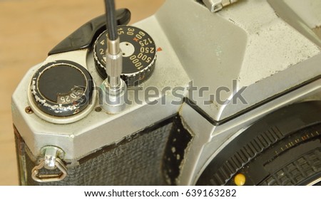  classic shutter cable released operated on film camera ready to shooting
