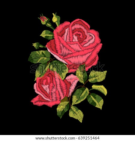 Red roses embroidery on black background. Satin stitch imitation, vector.