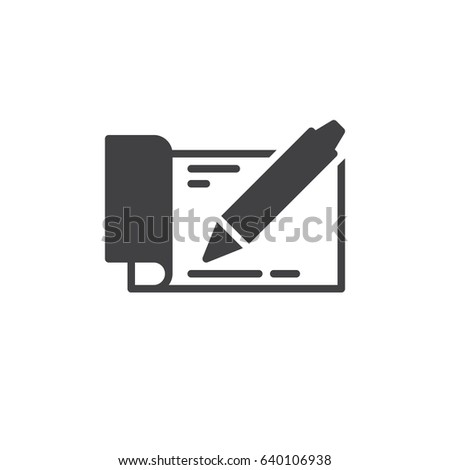 Checkbook with pen icon vector, filled flat sign, solid pictogram isolated on white. Symbol, logo illustration. Pixel perfect