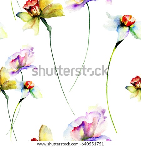 Seamless wallpapers with wild flowers, watercolour illustration
