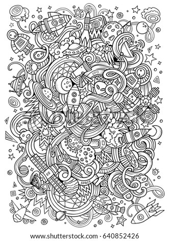 Cartoon hand-drawn doodles Space illustration. Line art detailed, with lots of objects vector background