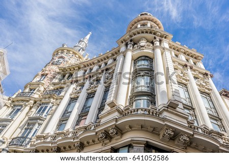 Monumental Eclectic Style Edificio Meneses Building. Located in plaza de Canalejas square, Madrid Spain