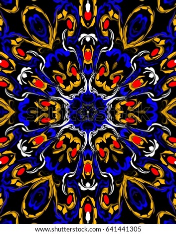 Ornament on a black background. Technically modified, abstract pattern./Lush colorful fantasy openwork pattern with simulated two-level pattern on a black background.