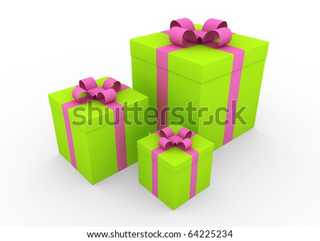 3d green pink gift box isolated on white background