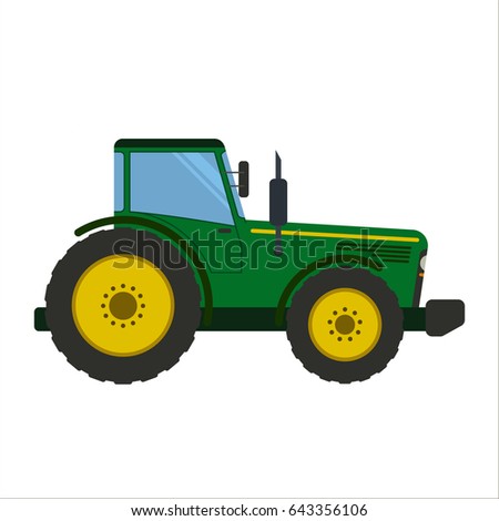 Green tractor flat vector illustration. Heavy farm machinery for field work. Green tractor side view isolated on white background