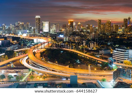City and highway aerial view, with beautiful sunset sky background, Bangkok Thailand