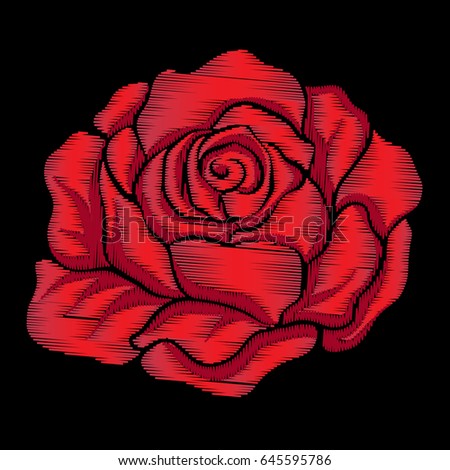 Embroidery red rose on black background. Stock line vector illustration. 