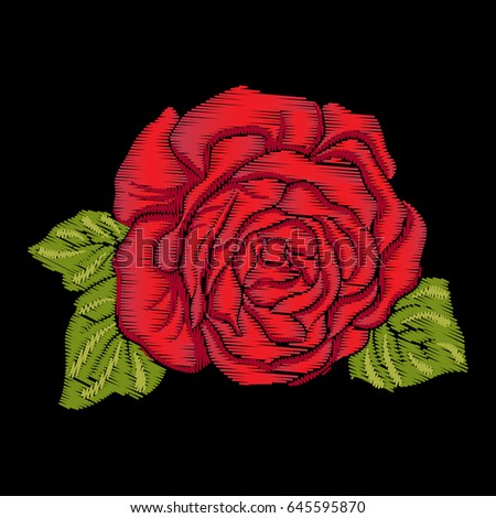 Embroidery red rose with green leaves on black background. Stock line vector illustration. 