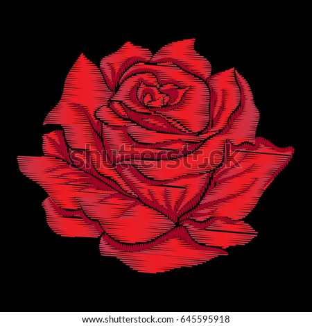 Embroidery red rose on black background. Stock line vector illustration. 