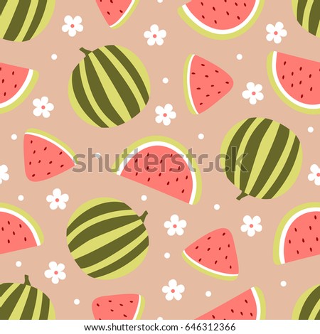 Watermelon seamless pattern with flowers on peach background. Vector illustration