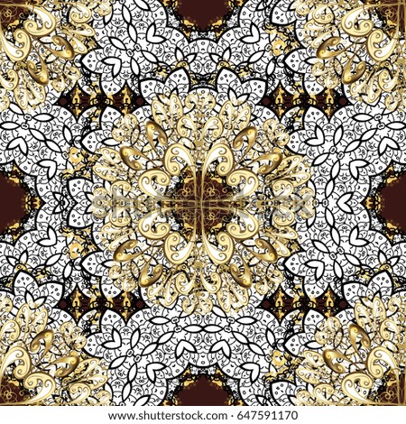 Seamless damask classic white and golden pattern. Vector abstract background with repeating elements. Golden pattern on brown background with golden elements.