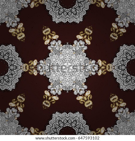 Colored pattern on brown background with golden elements. Oriental style arabesques. Golden textured curls. Vector golden pattern.