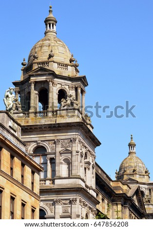 Detail of two towers from Glasgow City Chambers, Scotland, he building which serves as the headquarters of local government in the city