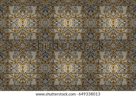 Classic vintage background. Seamless pattern on gray background with golden elements. Traditional orient ornament. Raster illustration. Seamless classic raster golden pattern.