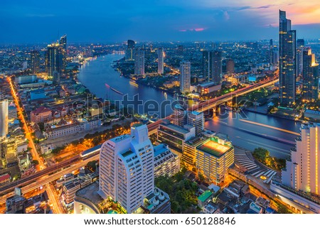Aerial view Chao Phraya River of cityscape in downtown Bangkok the business capital of Bangkok,Thailand