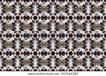 Golden snowflake simple pattern. Raster golden pattern on brown background with golden elements. Abstract wallpaper, wrapping decoration. Symbol of winter, Merry Christmas holiday, Happy New Year 2018