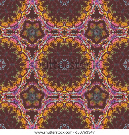 Seamless pattern with cute ornament. Ornate illustration for wallpaper. Ornamental lace tracery. Vintage multicolored elements in Eastern style. Traditional arabic decor on a brown background.
