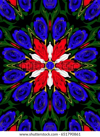Ornament on a black background. Technically modified, abstract pattern./Fancy pattern in combination of blue, red, white, yellow, and green colors.
