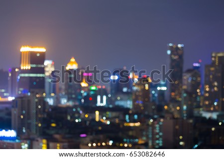 City blurred bokeh light night view, Bangkok downtown abstract background