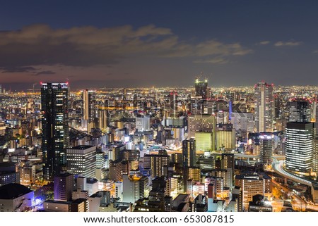 Osaka city night lights, cityscape downtown night view, Japan