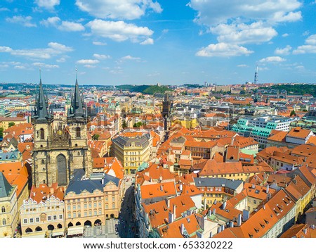 Beautiful panoramic aerial view of the Prague city from above with the old town and Vltava river. Amazing city landscape footage. 