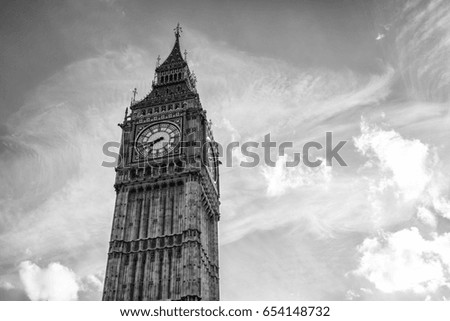 Big Ben with cloudy sky in black and white colors, london, uk
