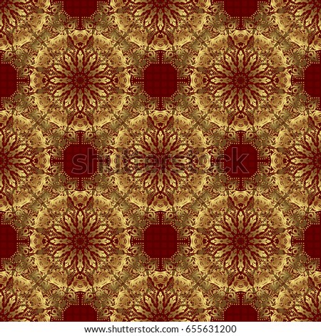 Vector golden texture, gold lines and grids seamless pattern, curved metal, foil background with 3D visual effects on a red background.