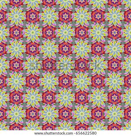 Multicolor ornament of small simple flowers, vector abstract seamless pattern for fabric or textile design.
