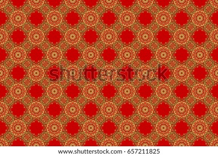 Raster illustration. Golden shiny ornament on red background, damask seamless pattern, abstract shapes.