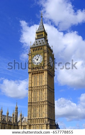 Big Ben clock tower, also known as Elizabeth Tower near Westminster Palace and Houses of Parliament in London England has become a symbol of England and Brexit discussions