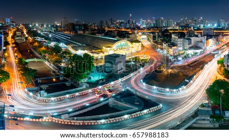 Aeriel view of Hualumpong train station with city scape of bangkok,Thailand.