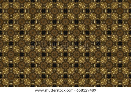 Seamless pattern oriental ornament. Islamic raster design. Gold tiles with floral motif. Black and golden vintage textile print.