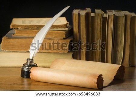 Scroll of old paper for background old books, inkwell and pen