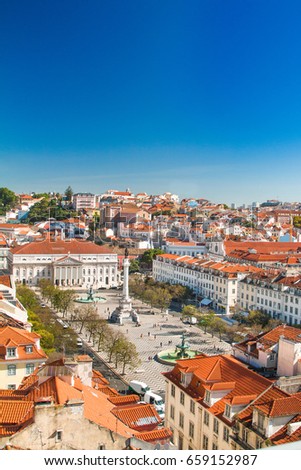     Lisbon skyline from Santa Justa Lift. Building in the centre is National Theatre D. Maria II on Rossio Square (Pedro IV Square) in Lisbon Portugal 